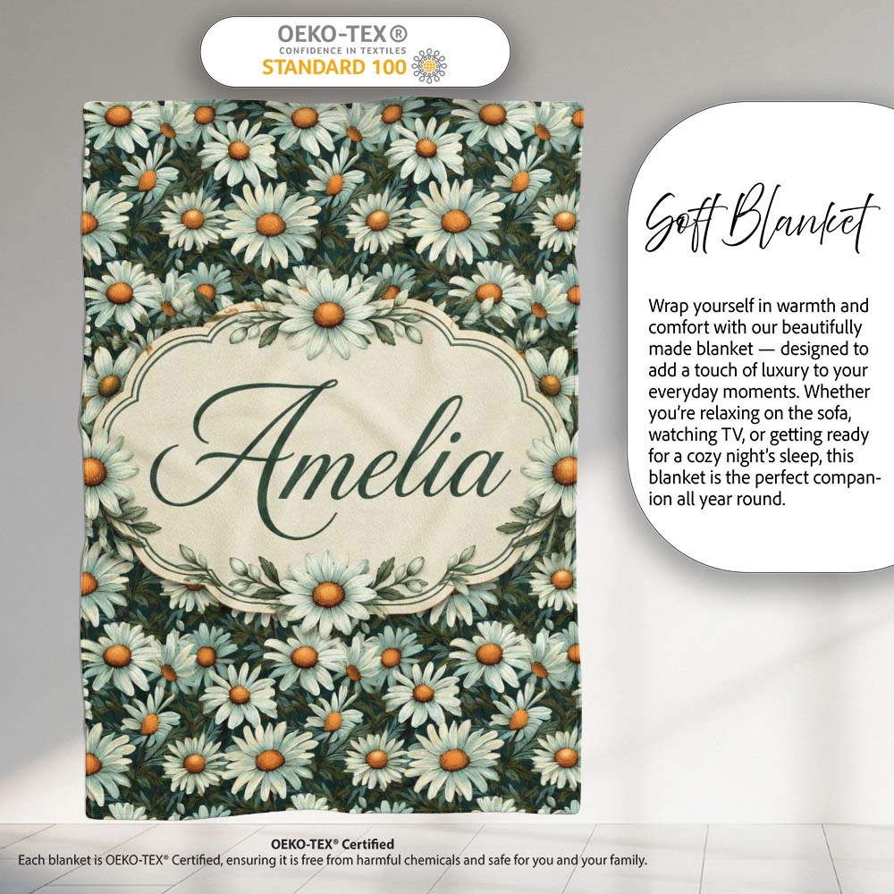 Vintage Daisy Floral Seamless Pattern with White Flowers and Green  Personalised Custom Name Super Soft Fleece Blanket Bed Sofa Throw