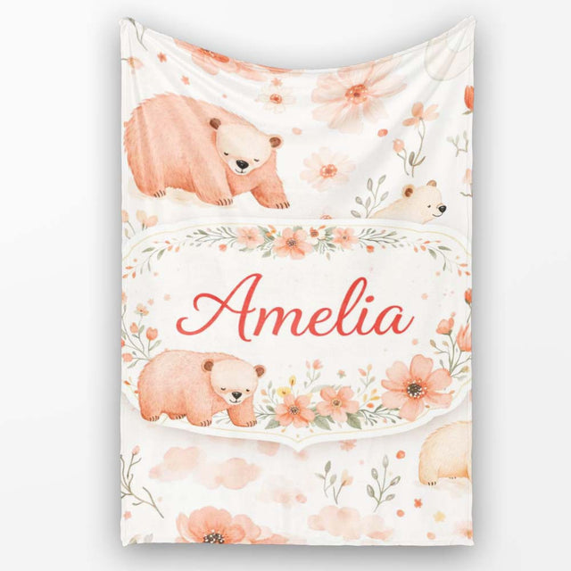 Cute Bear Floral Woodland Nursery Pattern Seamless Watercolour  Personalised Custom Name Super Soft Fleece Blanket Bed Sofa Throw