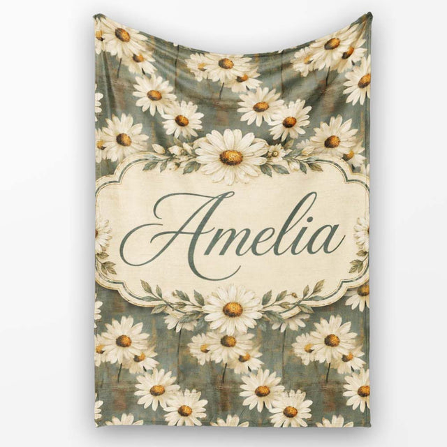 Vintage White Daisy Floral on Rustic Teal Wood Background Lovely  Personalised Custom Name Super Soft Fleece Blanket Bed Sofa Throw