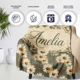 Vintage White Daisy Floral on Rustic Teal Wood Background Lovely  Personalised Custom Name Super Soft Fleece Blanket Bed Sofa Throw