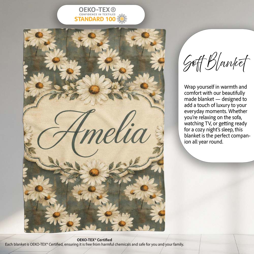 Vintage White Daisy Floral on Rustic Teal Wood Background Lovely  Personalised Custom Name Super Soft Fleece Blanket Bed Sofa Throw