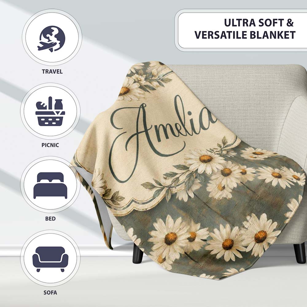 Vintage White Daisy Floral on Rustic Teal Wood Background Lovely  Personalised Custom Name Super Soft Fleece Blanket Bed Sofa Throw