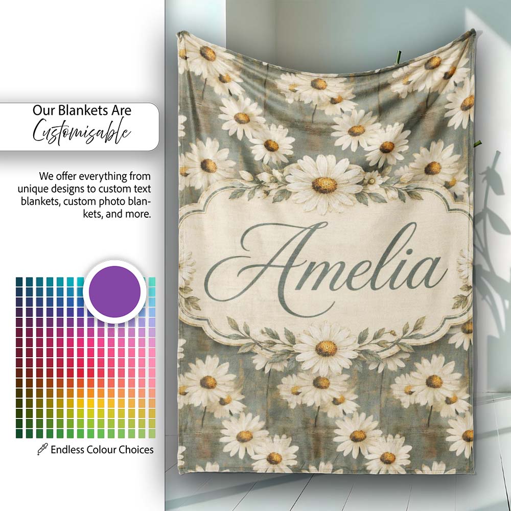 Vintage White Daisy Floral on Rustic Teal Wood Background Lovely  Personalised Custom Name Super Soft Fleece Blanket Bed Sofa Throw