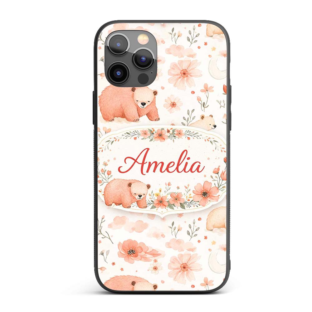 Cute Bear Floral Woodland Nursery Printed Design Custom Name Protective Phone Case Mobile Cover Durable Everyday Smartphone Shock Resistant