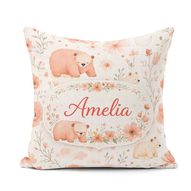 Custom Name Cute Bear Floral Woodland Nursery Pattern Seamless Square Filled Cushion Throw Pillow Sofa Bed Home Decor Zip Washable UK Made