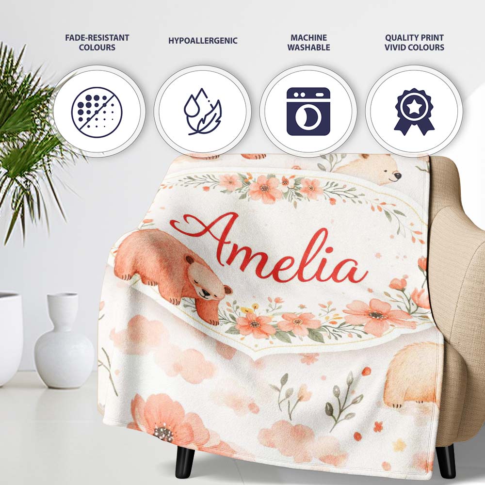 Cute Bear Floral Woodland Nursery Pattern Seamless Watercolour  Personalised Custom Name Super Soft Fleece Blanket Bed Sofa Throw