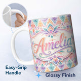 Personalized Custom Name Pastel Geometric Art Deco Watercolor Seamless Pattern Design Lovely 11oz Ceramic Coffee Tea Mug White Large Handle