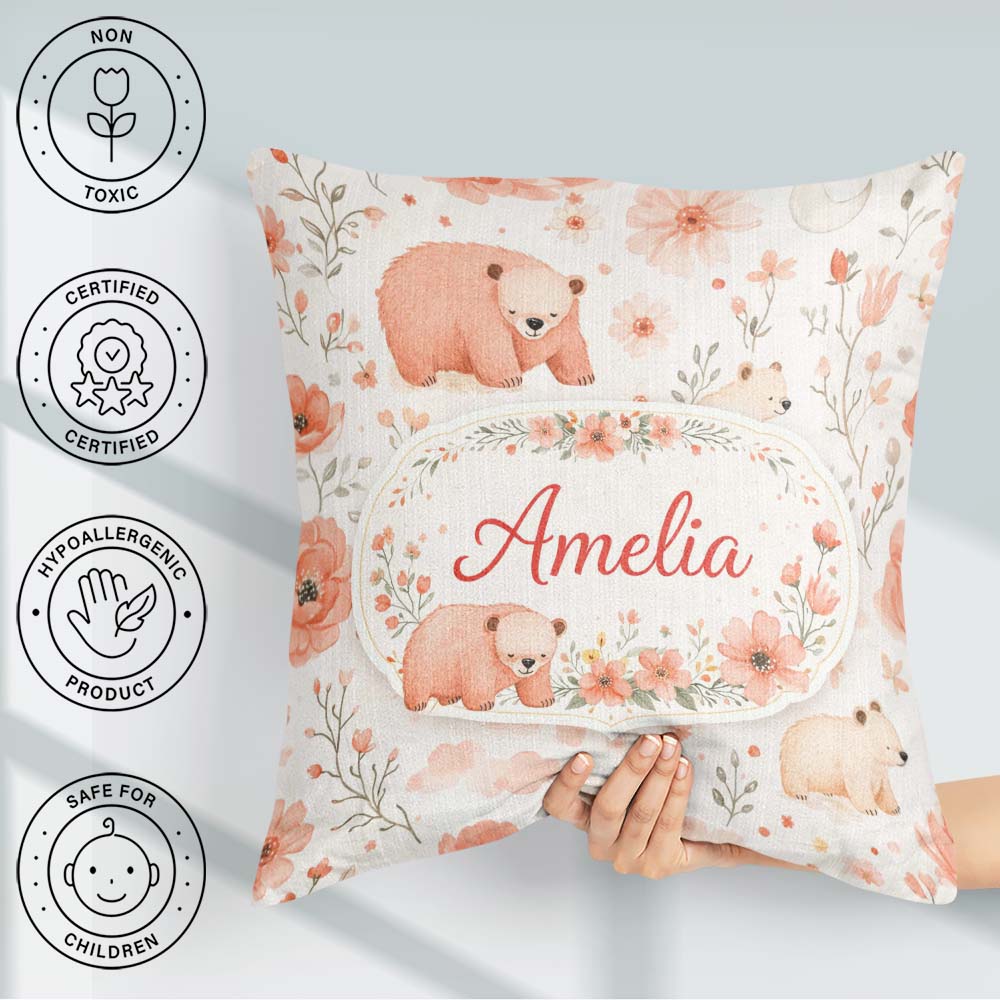 Custom Name Cute Bear Floral Woodland Nursery Pattern Seamless Square Filled Cushion Throw Pillow Sofa Bed Home Decor Zip Washable UK Made