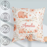 Custom Name Cute Bear Floral Woodland Nursery Pattern Seamless Square Filled Cushion Throw Pillow Sofa Bed Home Decor Zip Washable UK Made