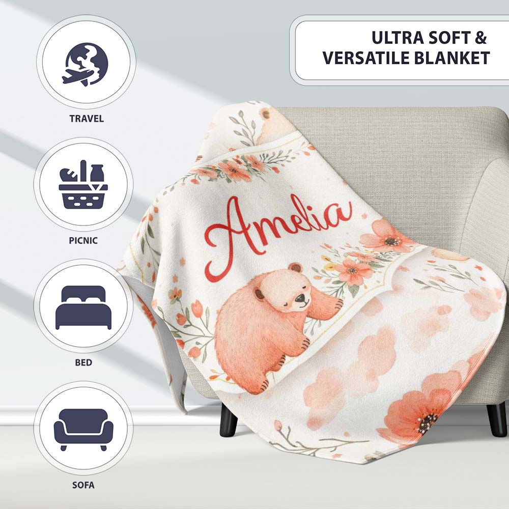 Cute Bear Floral Woodland Nursery Pattern Seamless Watercolour  Personalised Custom Name Super Soft Fleece Blanket Bed Sofa Throw