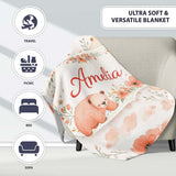Cute Bear Floral Woodland Nursery Pattern Seamless Watercolour  Personalised Custom Name Super Soft Fleece Blanket Bed Sofa Throw
