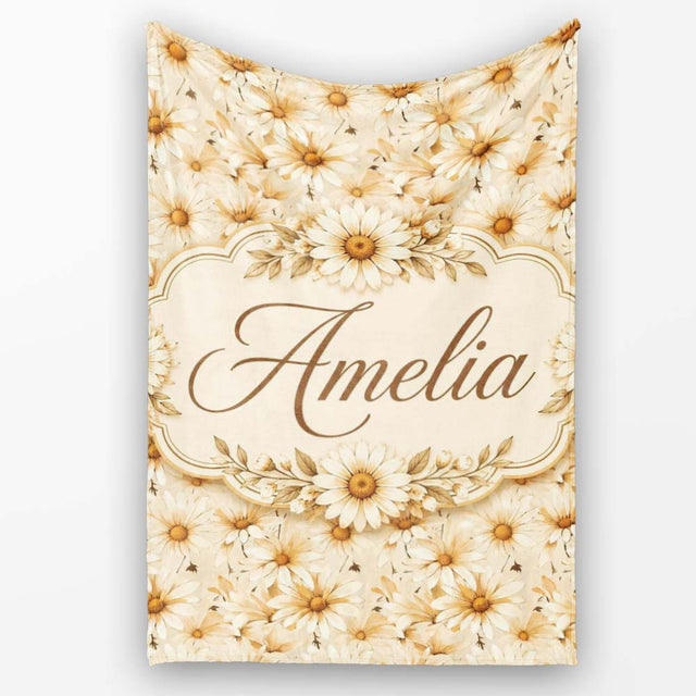 Warm Beige Daisy Floral with Subtle Botanical Accents Lovely  Personalised Custom Name Super Soft Fleece Blanket Bed Sofa Throw