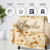 Warm Beige Daisy Floral with Subtle Botanical Accents Lovely  Personalised Custom Name Super Soft Fleece Blanket Bed Sofa Throw