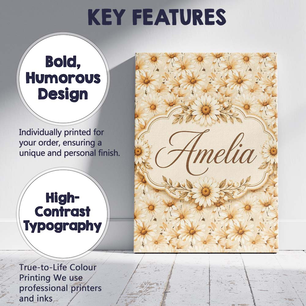 Personalised Name Warm Beige Daisy Floral Custom  Unique Gift Idea Elegant Feature Canvas Wall Art Print Decor Picture Ready to Hang