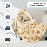 Warm Beige Daisy Floral with Subtle Botanical Accents Lovely  Personalised Custom Name Super Soft Fleece Blanket Bed Sofa Throw