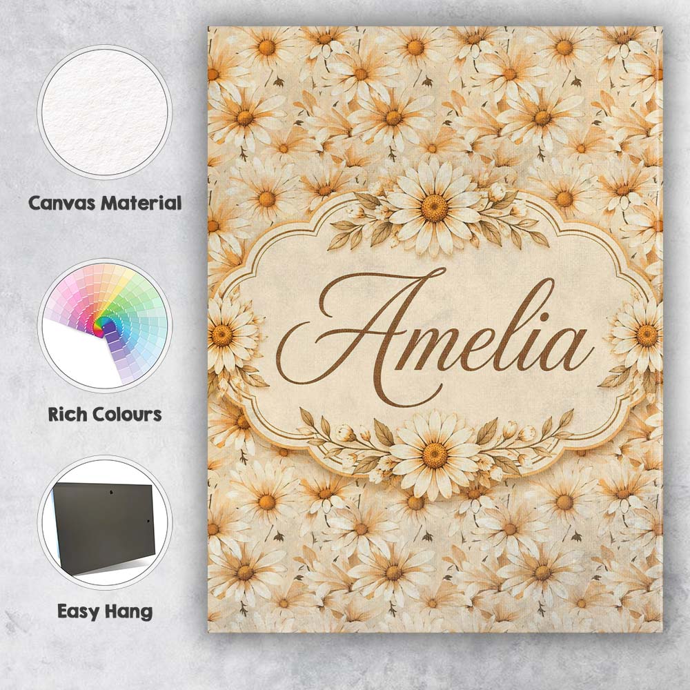 Personalised Name Warm Beige Daisy Floral Custom  Unique Gift Idea Elegant Feature Canvas Wall Art Print Decor Picture Ready to Hang