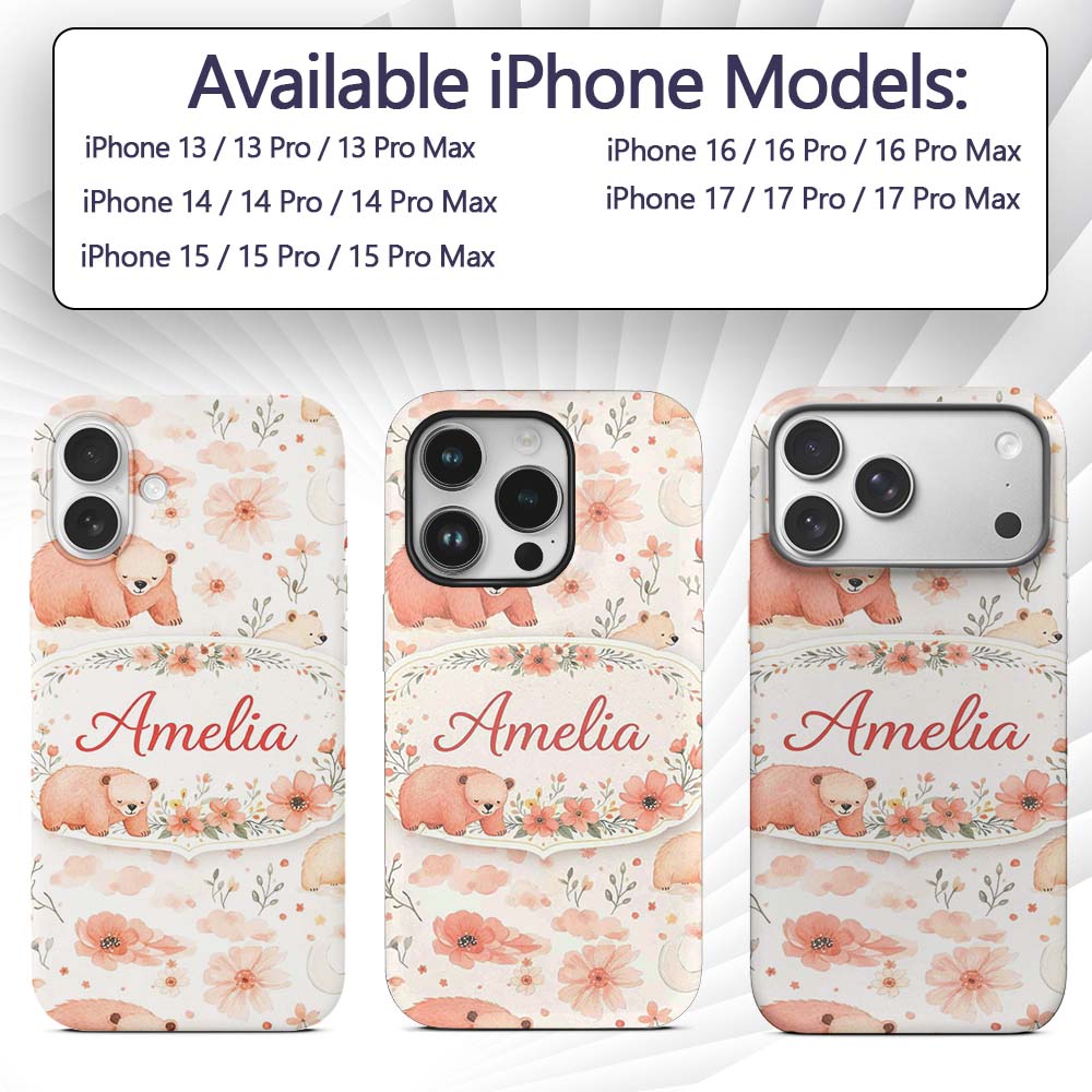 Cute Bear Floral Woodland Nursery Printed Design Custom Name Protective Phone Case Mobile Cover Durable Everyday Smartphone Shock Resistant