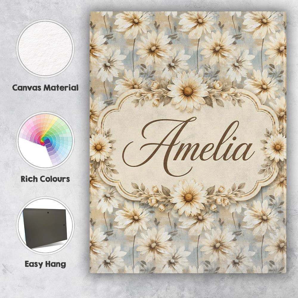 Personalised Name Neutral Daisy Bouquet Custom  Modern Room Accent Elegant Feature Canvas Wall Art Print Decor Picture Ready to Hang