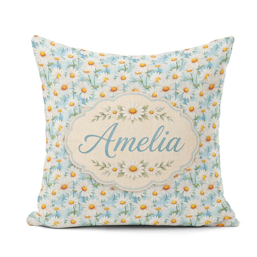 Custom Name Elegant Cream Daisy Florals on Light Wash Background Square Filled Cushion Throw Pillow Sofa Bed Home Decor Zip Washable UK Made