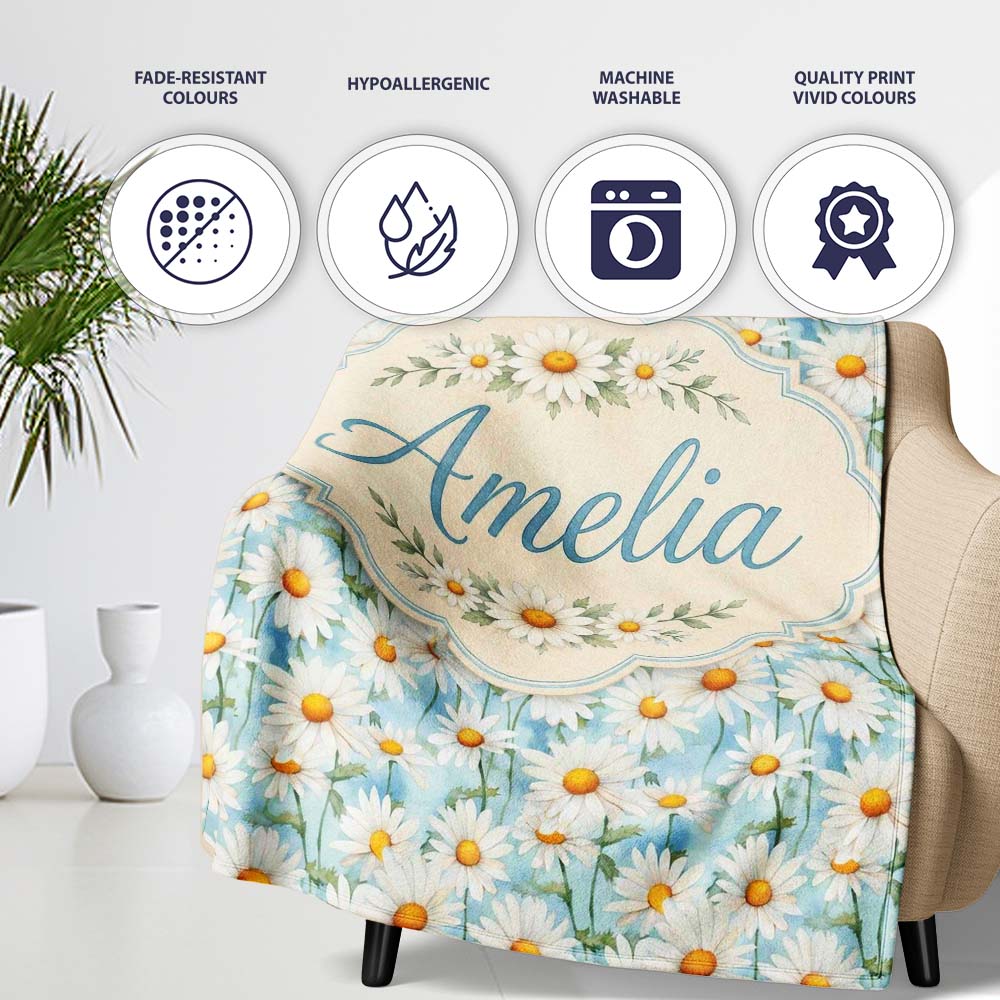 Elegant Cream Daisy Florals on Light Vintage Wash Background Lovely  Personalised Custom Name Super Soft Fleece Blanket Bed Sofa Throw
