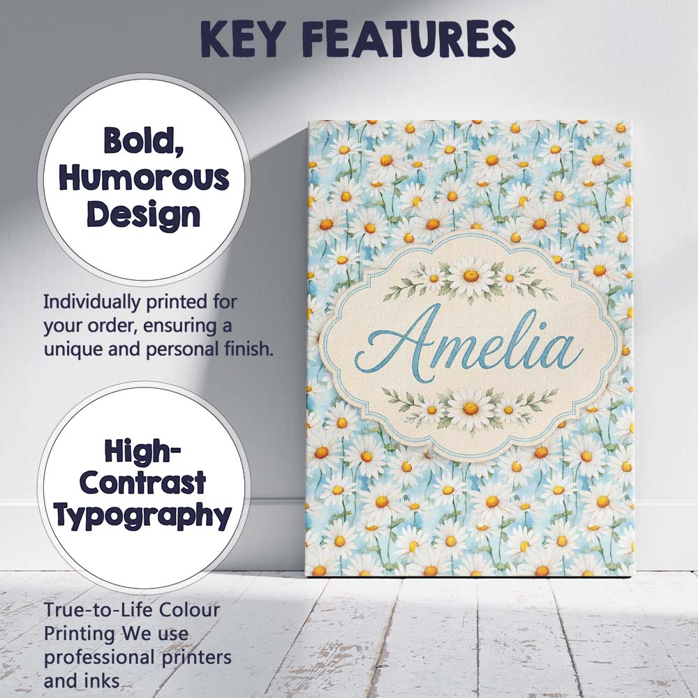 Personalised Name Elegant Cream Daisy Custom Modern Room Accent Creative Decorator Style Canvas Wall Art Print Decor Picture Ready to Hang