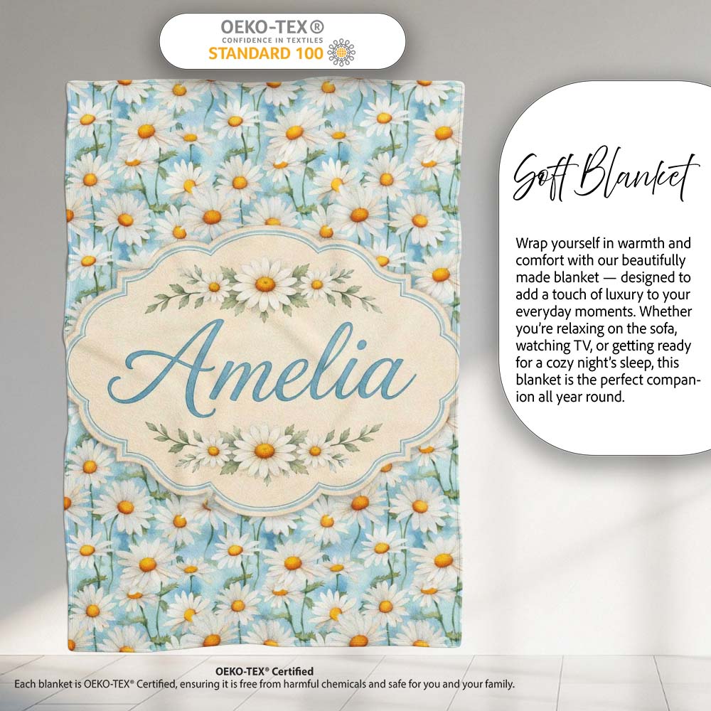 Elegant Cream Daisy Florals on Light Vintage Wash Background Lovely  Personalised Custom Name Super Soft Fleece Blanket Bed Sofa Throw