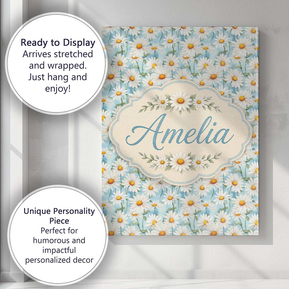 Personalised Name Elegant Cream Daisy Custom Modern Room Accent Creative Decorator Style Canvas Wall Art Print Decor Picture Ready to Hang
