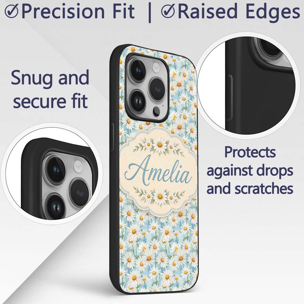 Elegant Cream Daisy Florals on Light Vintage Wash Custom Name Protective Phone Case Mobile Cover Durable Everyday Smartphone Shock Resistant