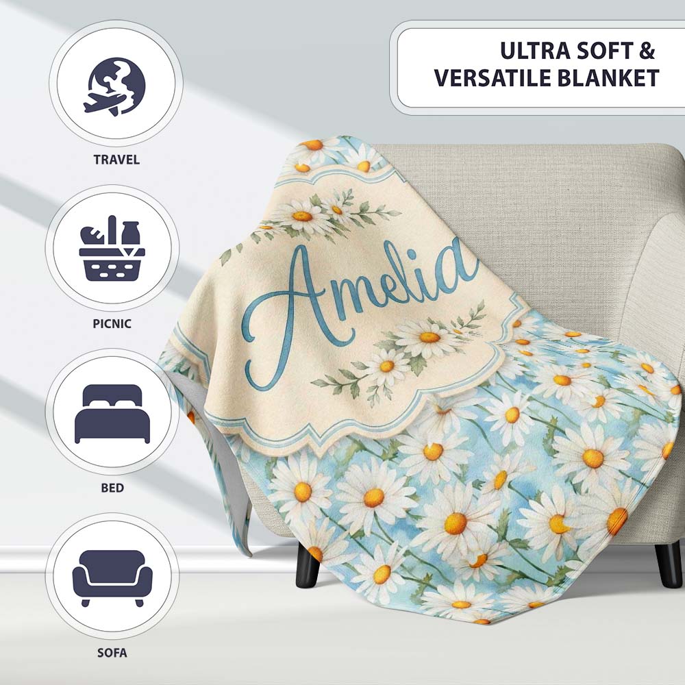 Elegant Cream Daisy Florals on Light Vintage Wash Background Lovely  Personalised Custom Name Super Soft Fleece Blanket Bed Sofa Throw