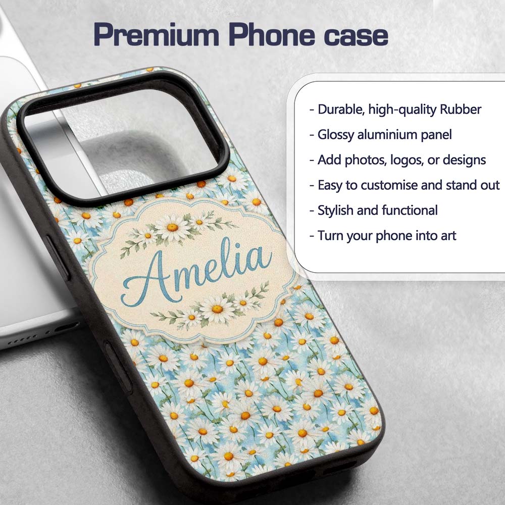 Elegant Cream Daisy Florals on Light Vintage Wash Custom Name Protective Phone Case Mobile Cover Durable Everyday Smartphone Shock Resistant