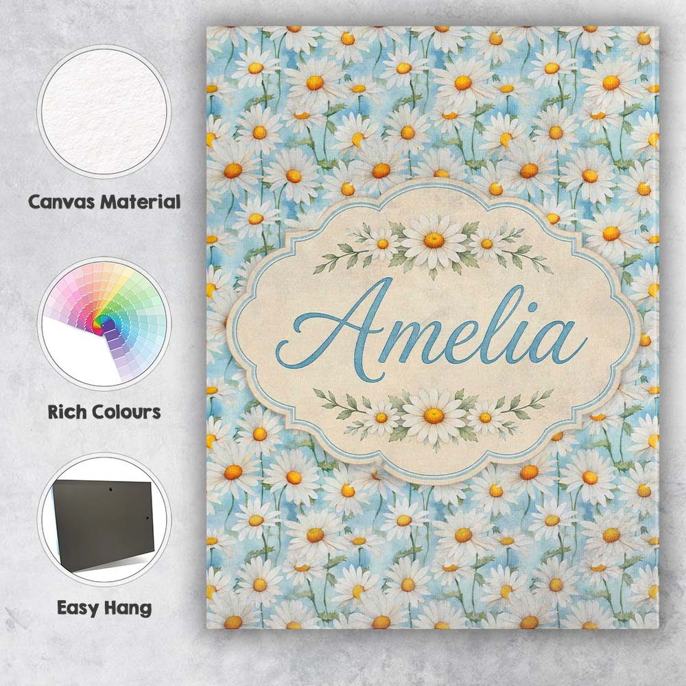 Personalised Name Elegant Cream Daisy Custom Modern Room Accent Creative Decorator Style Canvas Wall Art Print Decor Picture Ready to Hang