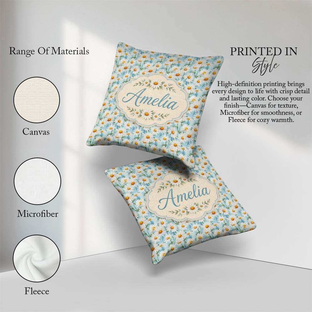 Custom Name Elegant Cream Daisy Florals on Light Wash Background Square Filled Cushion Throw Pillow Sofa Bed Home Decor Zip Washable UK Made