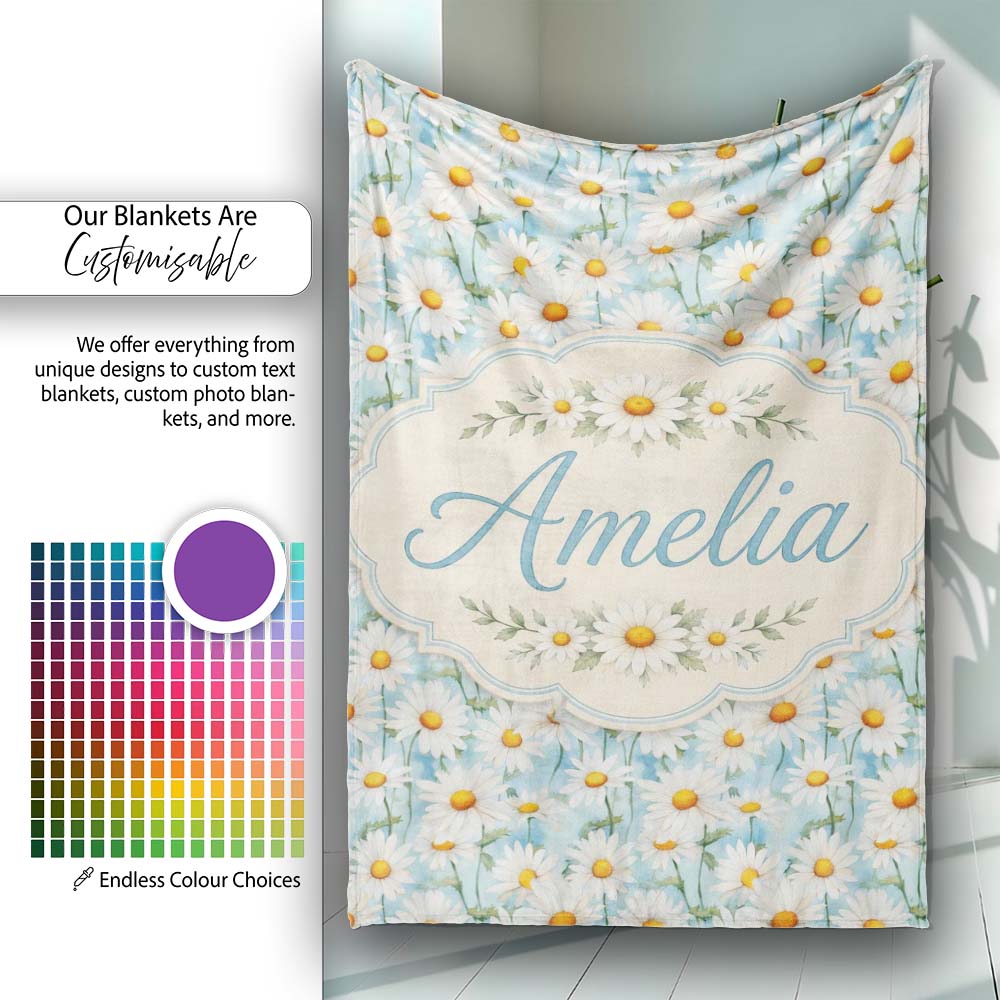 Elegant Cream Daisy Florals on Light Vintage Wash Background Lovely  Personalised Custom Name Super Soft Fleece Blanket Bed Sofa Throw