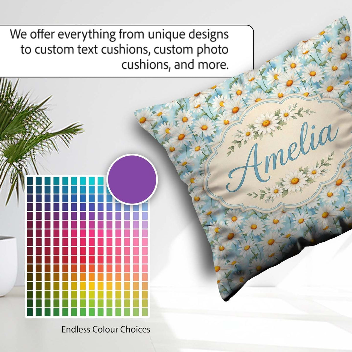 Custom Name Elegant Cream Daisy Florals on Light Wash Background Square Filled Cushion Throw Pillow Sofa Bed Home Decor Zip Washable UK Made