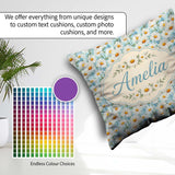 Custom Name Elegant Cream Daisy Florals on Light Wash Background Square Filled Cushion Throw Pillow Sofa Bed Home Decor Zip Washable UK Made