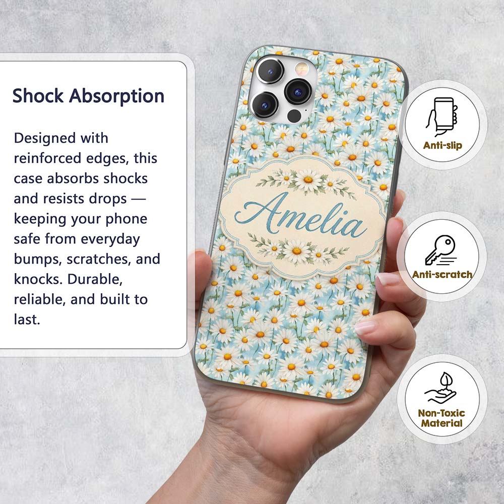 Elegant Cream Daisy Florals on Light Vintage Wash Custom Name Protective Phone Case Mobile Cover Durable Everyday Smartphone Shock Resistant