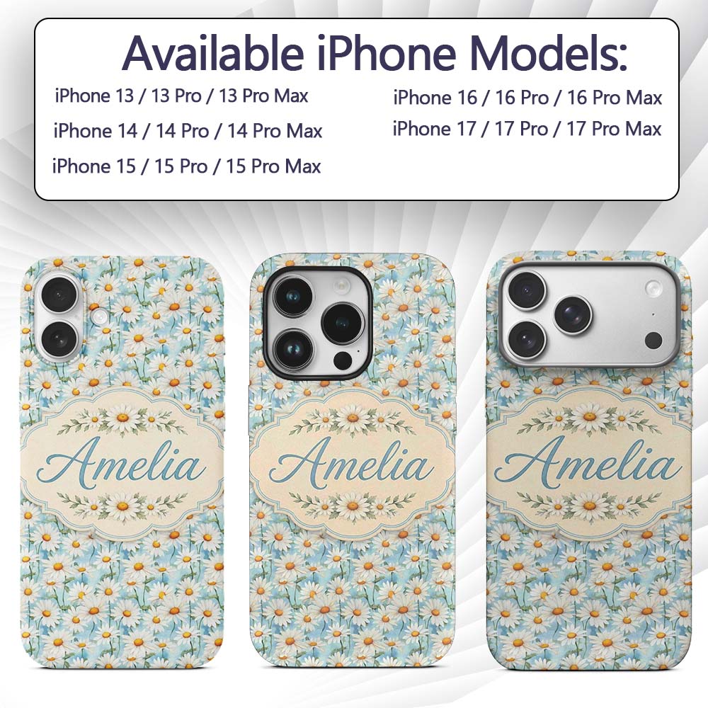Elegant Cream Daisy Florals on Light Vintage Wash Custom Name Protective Phone Case Mobile Cover Durable Everyday Smartphone Shock Resistant