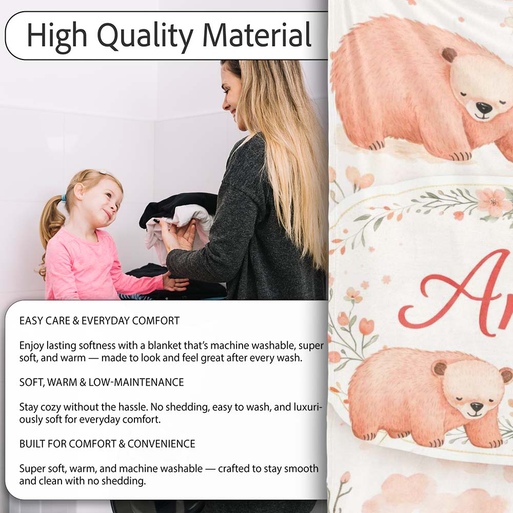 Cute Bear Floral Woodland Nursery Pattern Seamless Watercolour  Personalised Custom Name Super Soft Fleece Blanket Bed Sofa Throw