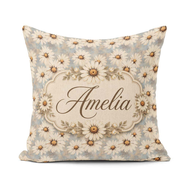 Custom Name Fresh White Daisy Meadow on Sky Blue Background Idea Square Filled Cushion Throw Pillow Sofa Bed Home Decor Zip Washable UK Made