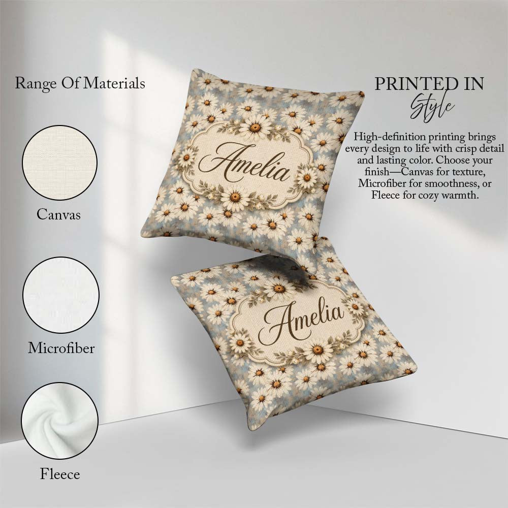 Custom Name Fresh White Daisy Meadow on Sky Blue Background Idea Square Filled Cushion Throw Pillow Sofa Bed Home Decor Zip Washable UK Made