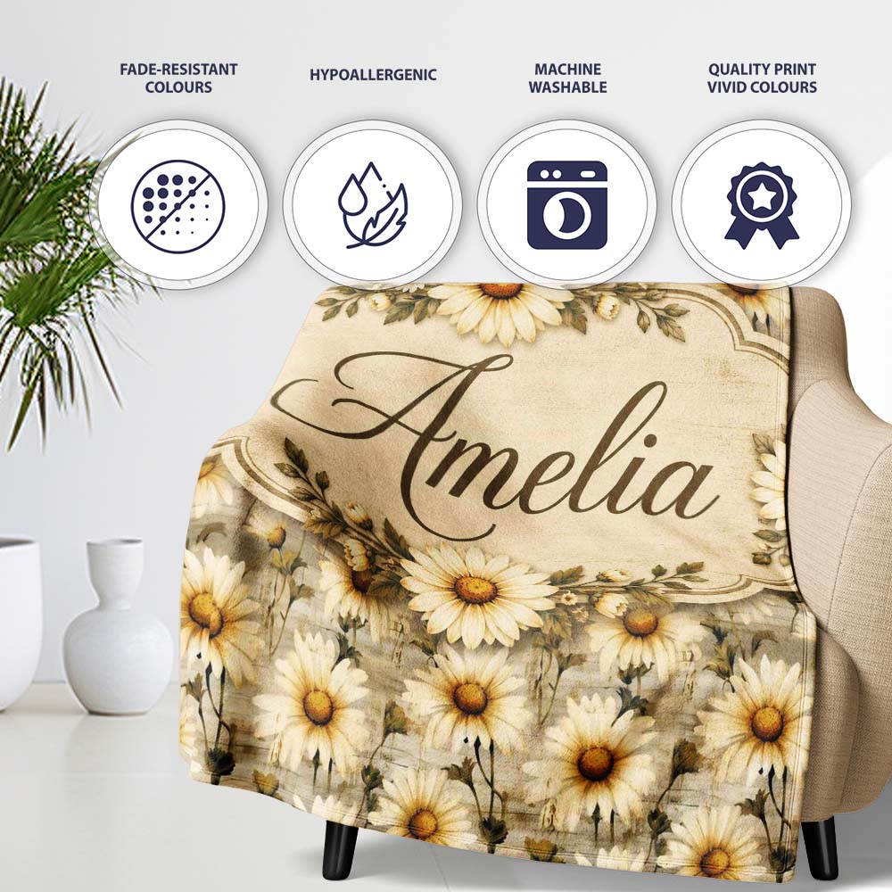 Classic Daisy Clusters on Soft Distressed Blue Backdrop Lovely  Personalised Custom Name Super Soft Fleece Blanket Bed Sofa Throw