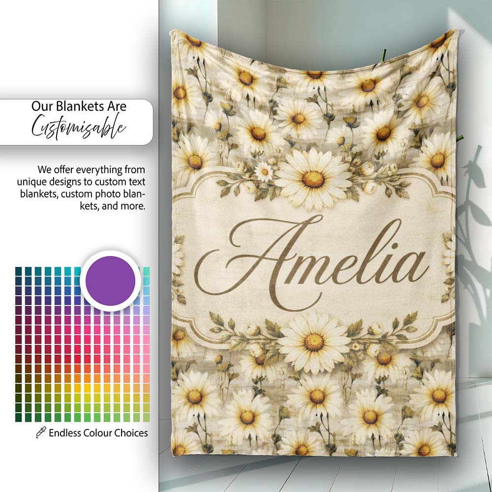 Classic Daisy Clusters on Soft Distressed Blue Backdrop Lovely  Personalised Custom Name Super Soft Fleece Blanket Bed Sofa Throw