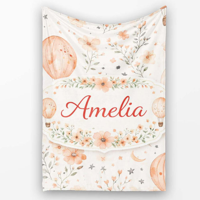 Soft Coral Floral Hot Air Balloon Sky Pattern Seamless Watercolour  Personalised Custom Name Super Soft Fleece Blanket Bed Sofa Throw