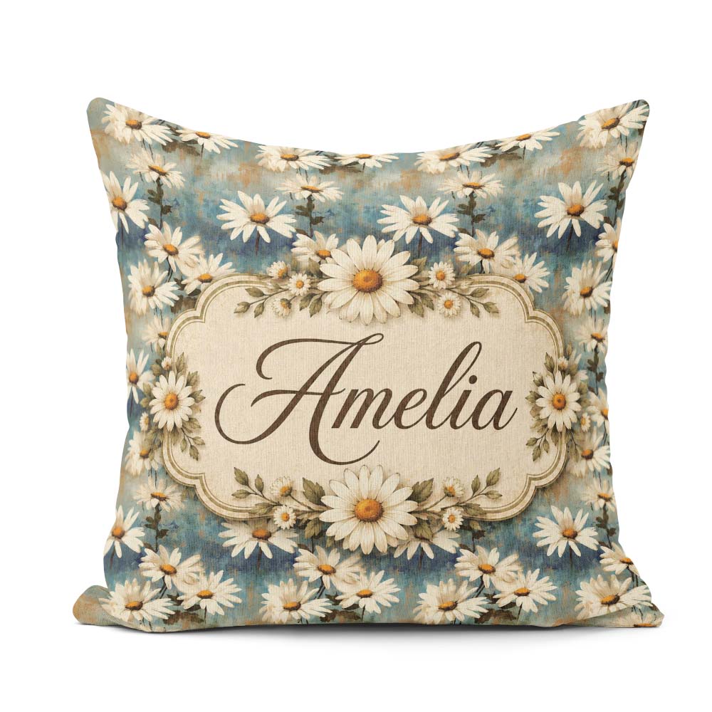 Custom Name Minimal Daisy Floral Pale Blue Aged Texture Everyday Square Filled Cushion Throw Pillow Sofa Bed Home Decor Zip Washable UK Made