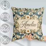 Custom Name Minimal Daisy Floral Pale Blue Aged Texture Everyday Square Filled Cushion Throw Pillow Sofa Bed Home Decor Zip Washable UK Made