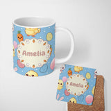 Personalized Custom Name Cute Easter Bunny Chick Carrots Eggs Polka Dot Seamless Pattern Blue 11oz Ceramic Coffee Tea Mug White Large Handle