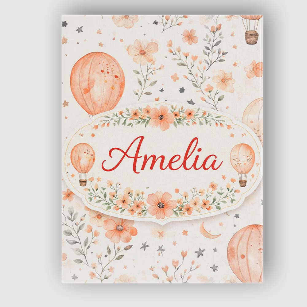 Personalised Name Soft Coral Floral Hot Air Balloon Sky Pattern Custom  Statement Canvas Wall Art Print Decor Picture Ready to Hang