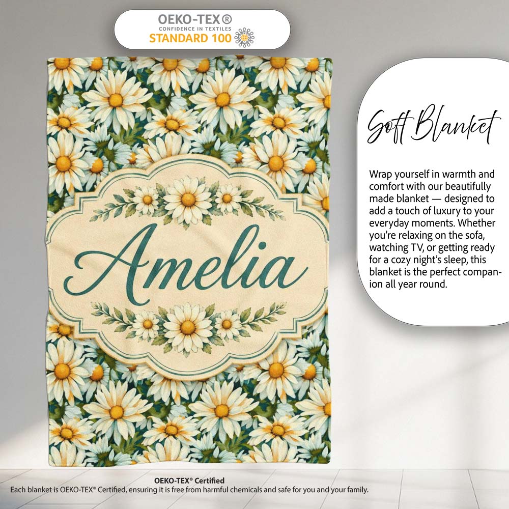Soft Floral Daisy Trail on Muted Aqua Vintage Texture Lovely  Personalised Custom Name Super Soft Fleece Blanket Bed Sofa Throw
