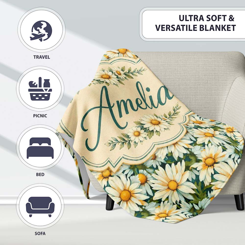 Soft Floral Daisy Trail on Muted Aqua Vintage Texture Lovely  Personalised Custom Name Super Soft Fleece Blanket Bed Sofa Throw