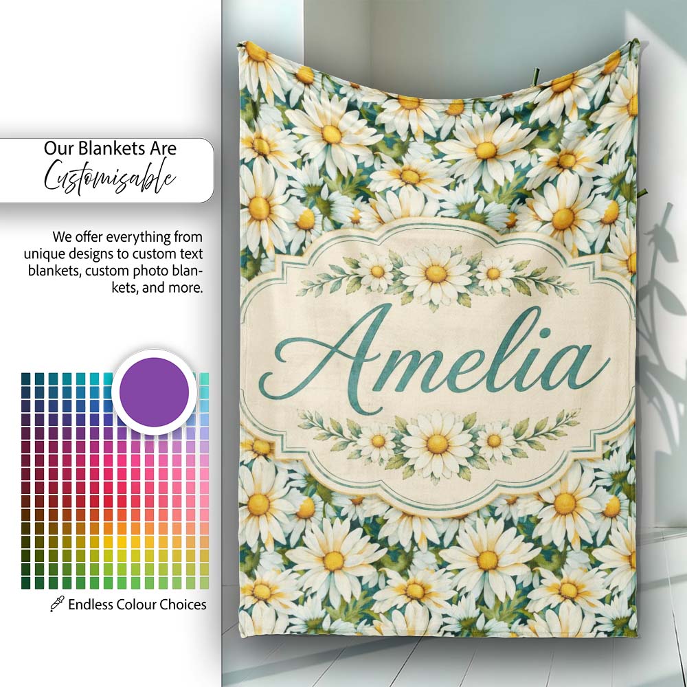 Soft Floral Daisy Trail on Muted Aqua Vintage Texture Lovely  Personalised Custom Name Super Soft Fleece Blanket Bed Sofa Throw